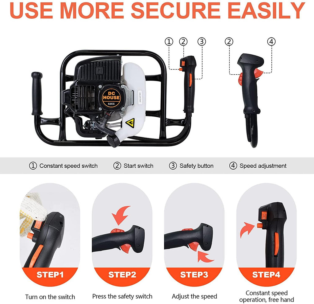 dc house 52cc 2.4hp gas powered post hole digger with two earth auger drill bit 6" &amp; 10"earth digger