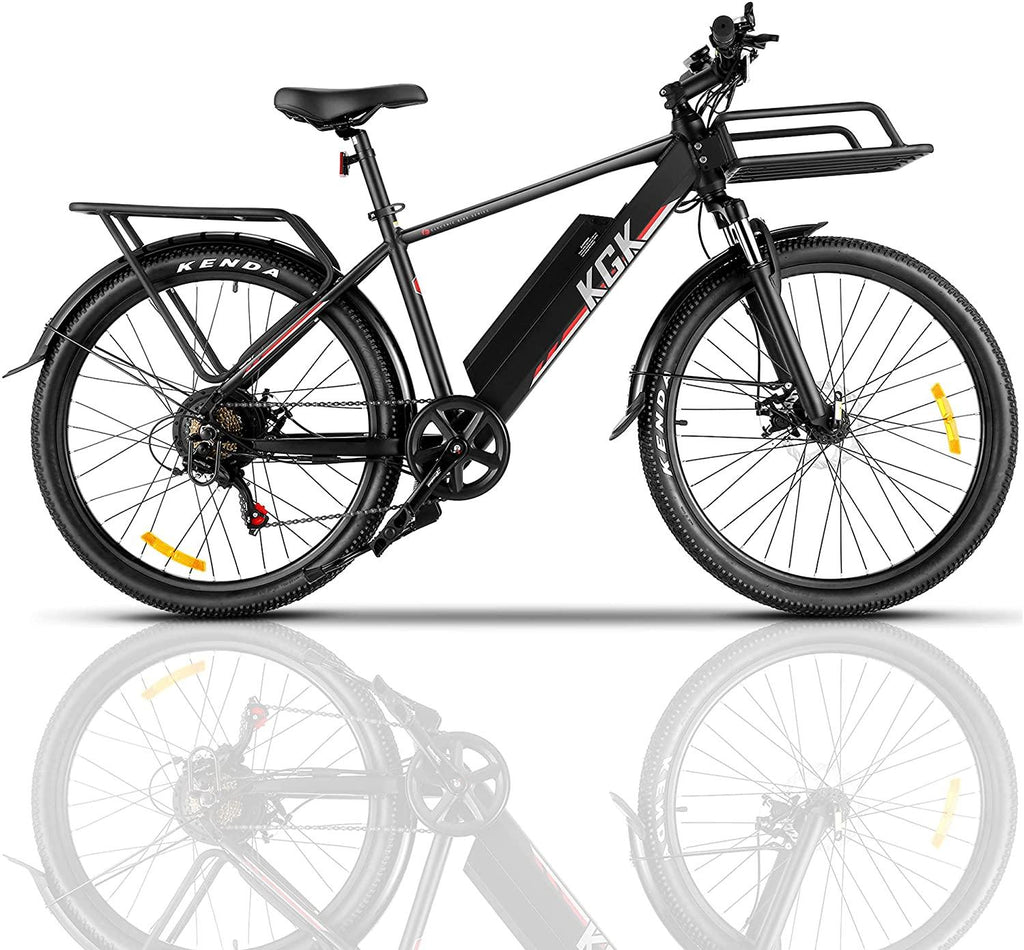 26" Electric Bike, 350W 20MPH Electric Mountain Bicycle Adult Commuter Cargo Ebike with Removable 10.4Ah Battery, Professional 7-Speed Gears, Fender, Shock Absorption, Front Cargo Rack, Back Seat
