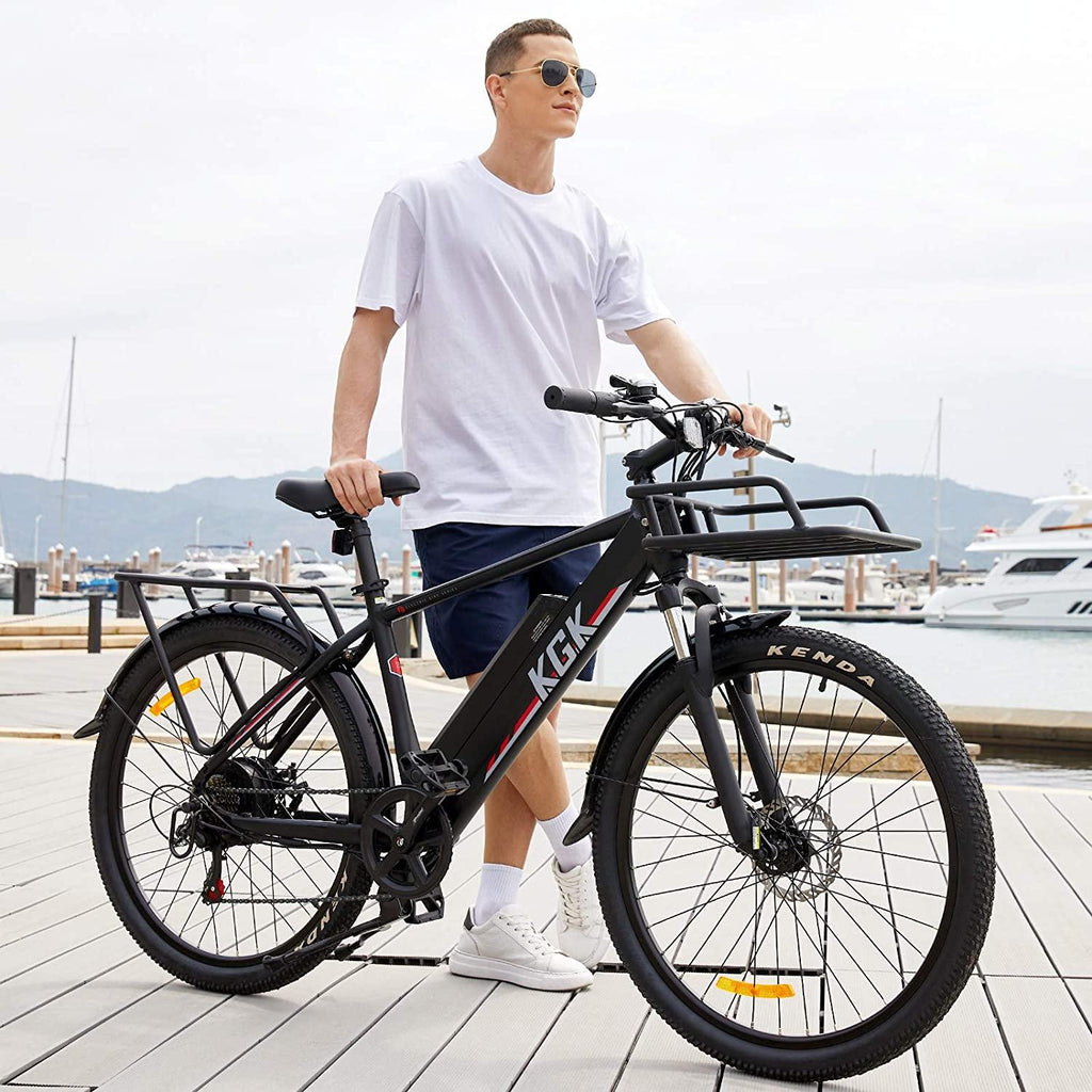 26" Electric Bike, 350W 20MPH Electric Mountain Bicycle Adult Commuter Cargo Ebike with Removable 10.4Ah Battery, Professional 7-Speed Gears, Fender, Shock Absorption, Front Cargo Rack, Back Seat