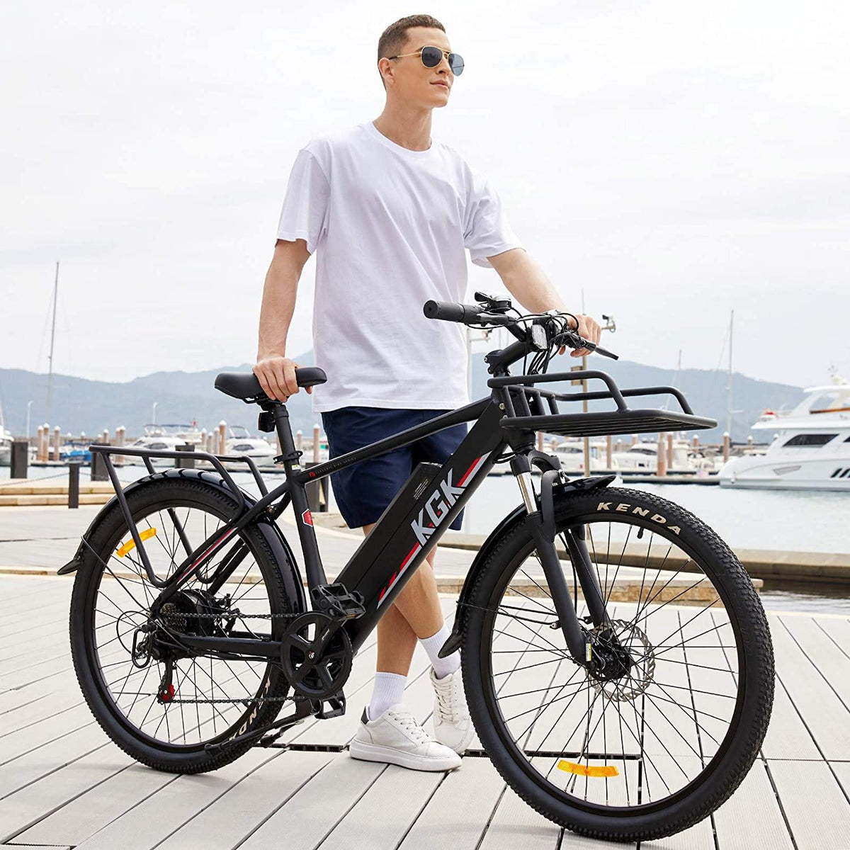 26" Electric Bike, 350W 20MPH Electric Mountain Bicycle Adult Commuter Cargo Ebike with Removable 10.4Ah Battery, Professional 7-Speed Gears, Fender, Shock Absorption, Front Cargo Rack, Back Seat