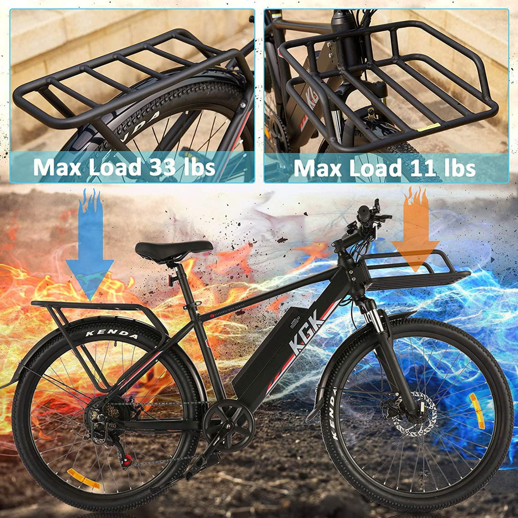 26" Electric Bike, 350W 20MPH Electric Mountain Bicycle Adult Commuter Cargo Ebike with Removable 10.4Ah Battery, Professional 7-Speed Gears, Fender, Shock Absorption, Front Cargo Rack, Back Seat