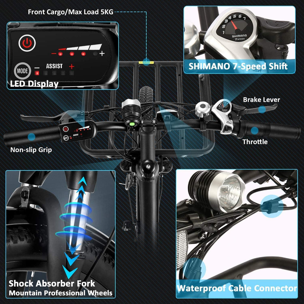 26" Electric Bike, 350W 20MPH Electric Mountain Bicycle Adult Commuter Cargo Ebike with Removable 10.4Ah Battery, Professional 7-Speed Gears, Fender, Shock Absorption, Front Cargo Rack, Back Seat
