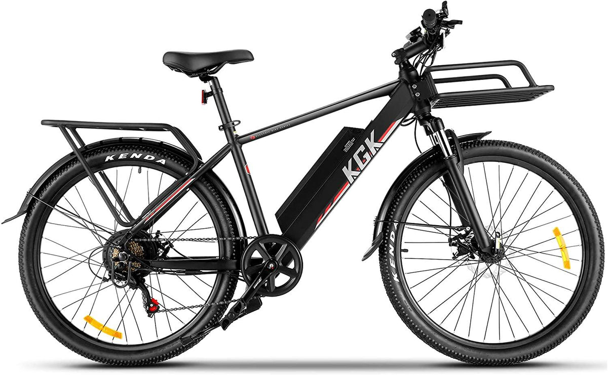 26" Electric Bike, 350W 20MPH Electric Mountain Bicycle Adult Commuter Cargo Ebike with Removable 10.4Ah Battery, Professional 7-Speed Gears, Fender, Shock Absorption, Front Cargo Rack, Back Seat