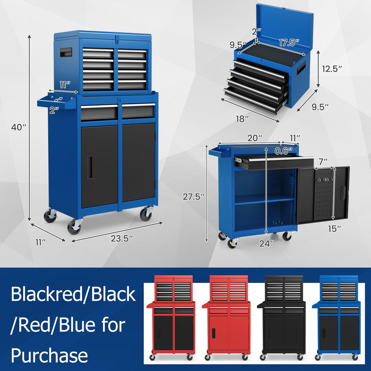 Rolling Tool Chest, 5-Drawer Tool Box Organizer w/Lockable Wheels & Sliding Drawers & Detachable Top & Adjustable Shelf, Tool StoraCabinet for GaraWorkshop (Blue)
