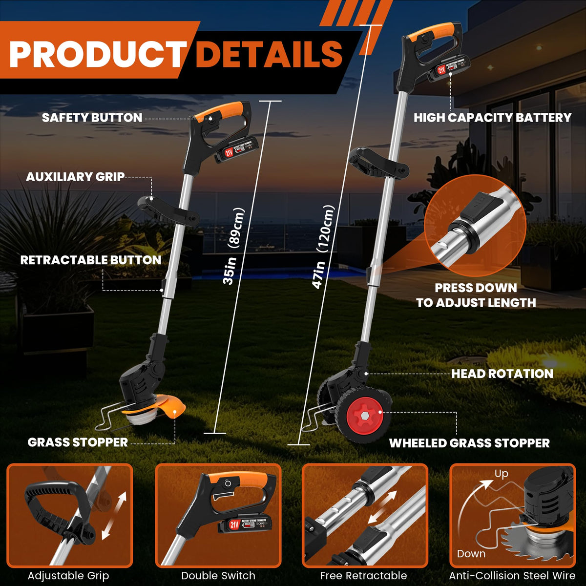 Electric Weed Wacker Cordless Battery Powered Weed Eater, String Trimmer with 2 Battery Operated&amp;Wheels&amp;Metal Blades, Lightweight 4 in 1 Grass Trimmer/Brush Cutter/Lawn Edger/Mower for Garden Yard