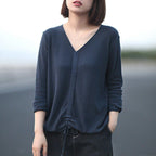 babakud 10 colors v-neck cotton knitted drawstring autumn t-shirt