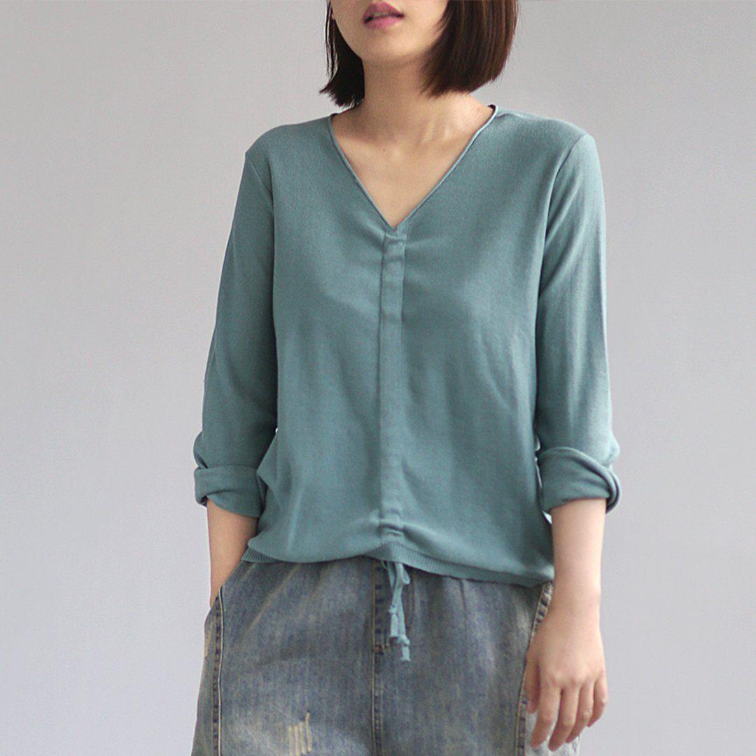 babakud 10 colors v-neck cotton knitted drawstring autumn t-shirt