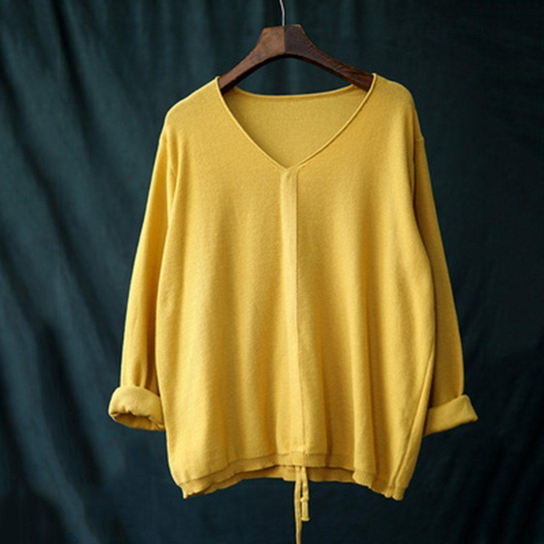 babakud 10 colors v-neck cotton knitted drawstring autumn t-shirt