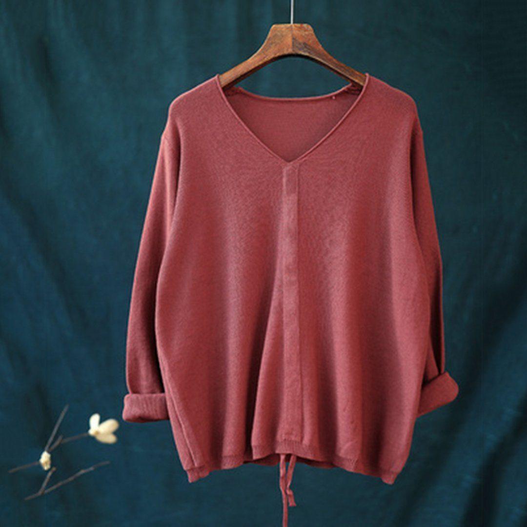 babakud 10 colors v-neck cotton knitted drawstring autumn t-shirt