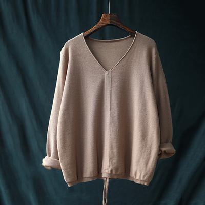 babakud 10 colors v-neck cotton knitted drawstring autumn t-shirt