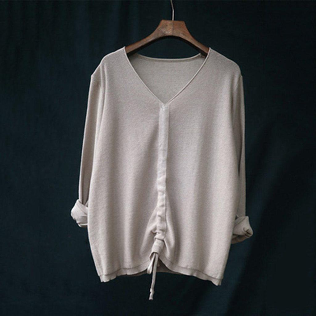babakud 10 colors v-neck cotton knitted drawstring autumn t-shirt