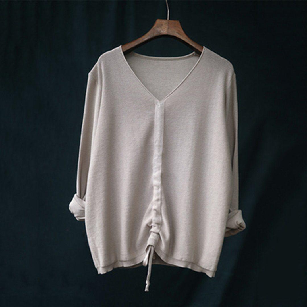 babakud 10 colors v-neck cotton knitted drawstring autumn t-shirt