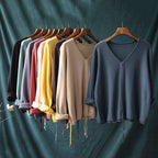 babakud 10 colors v-neck cotton knitted drawstring autumn t-shirt