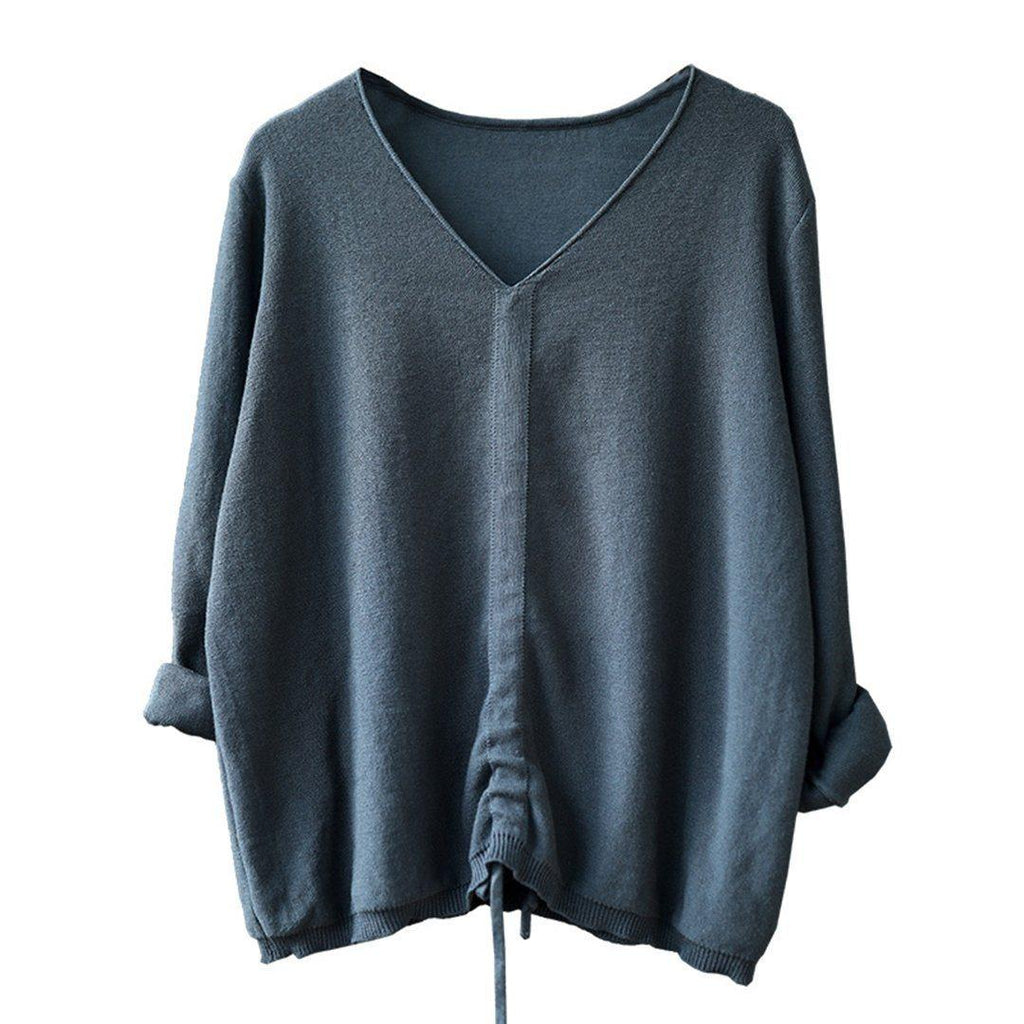 babakud 10 colors v-neck cotton knitted drawstring autumn t-shirt