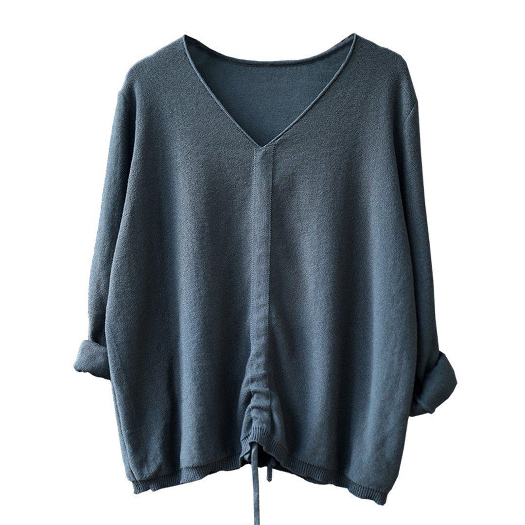 babakud 10 colors v-neck cotton knitted drawstring autumn t-shirt