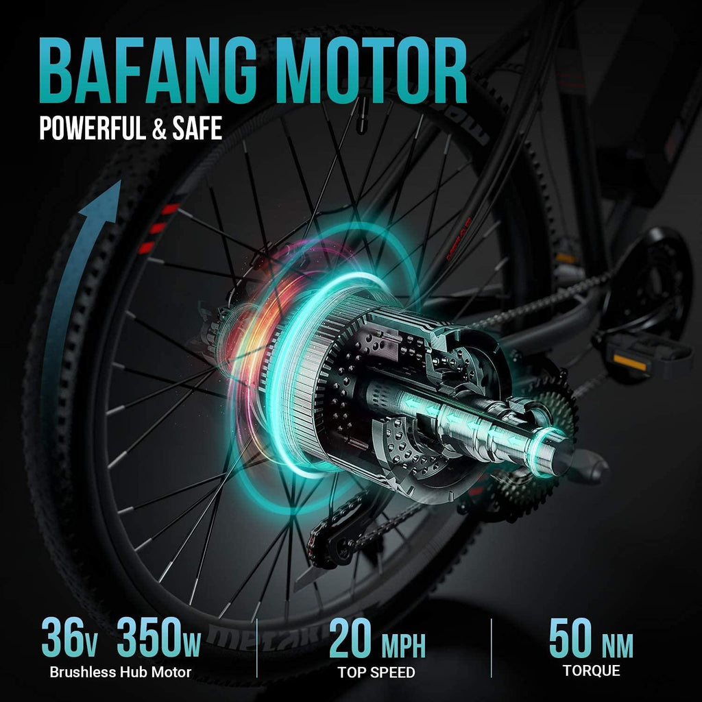 METAKOO 26” Electric Mountain Bike, 350W Motor, 3 Hours Fast Charge, 36V Removable Battery, 20Mph Electric Bicycle with 21 Speed Gears | Black