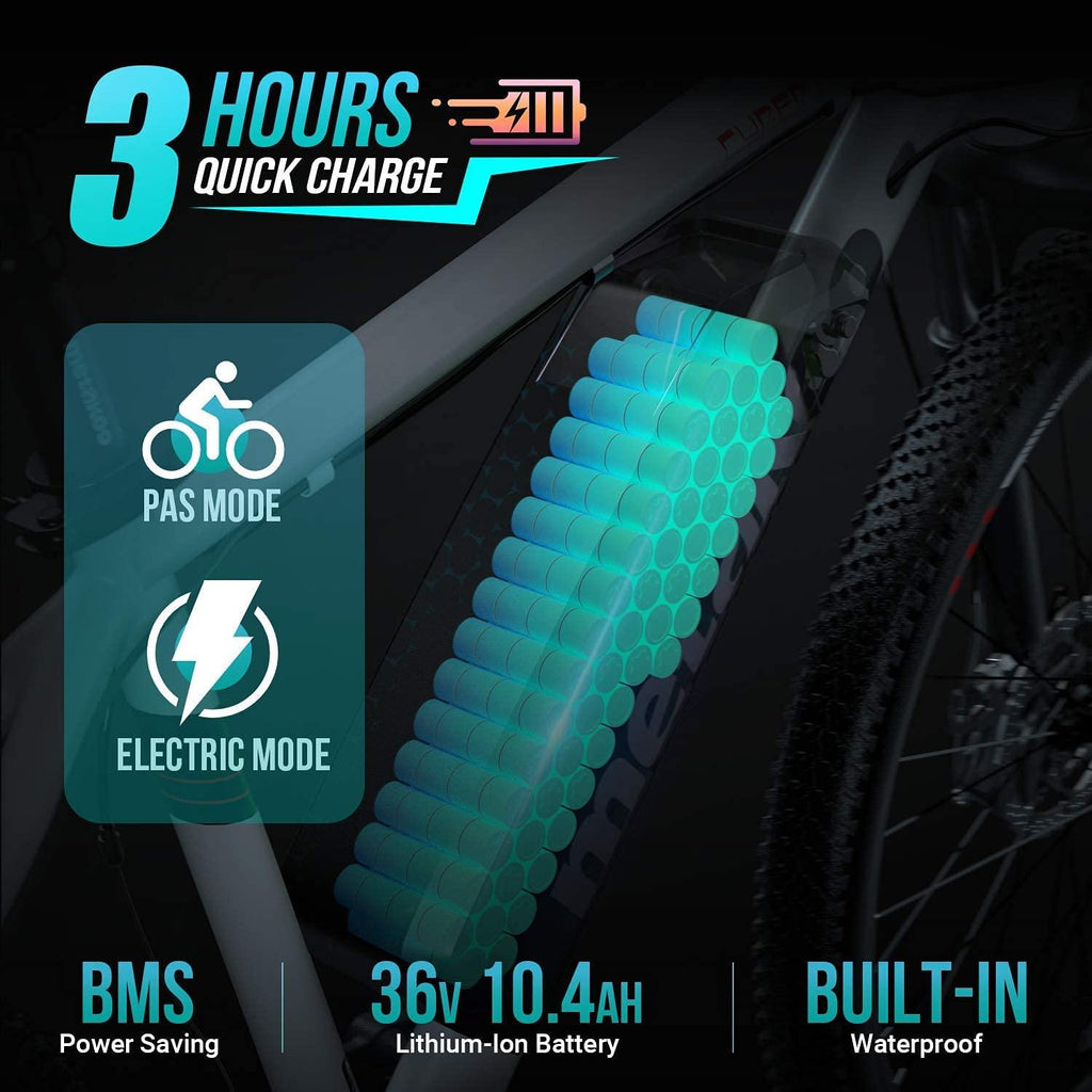 METAKOO 26” Electric Mountain Bike, 350W Motor, 3 Hours Fast Charge, 36V Removable Battery, 20Mph Electric Bicycle with 21 Speed Gears | White
