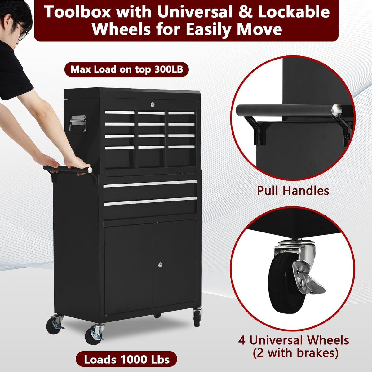 8-Drawer Rolling Tool Chest, 2-in-1 High Capacity Removable Cabinet StoraTool Box with Wheels and Drawers, Detachable Toolbox with Lock for Workshop Mechanics Gara(Black)
