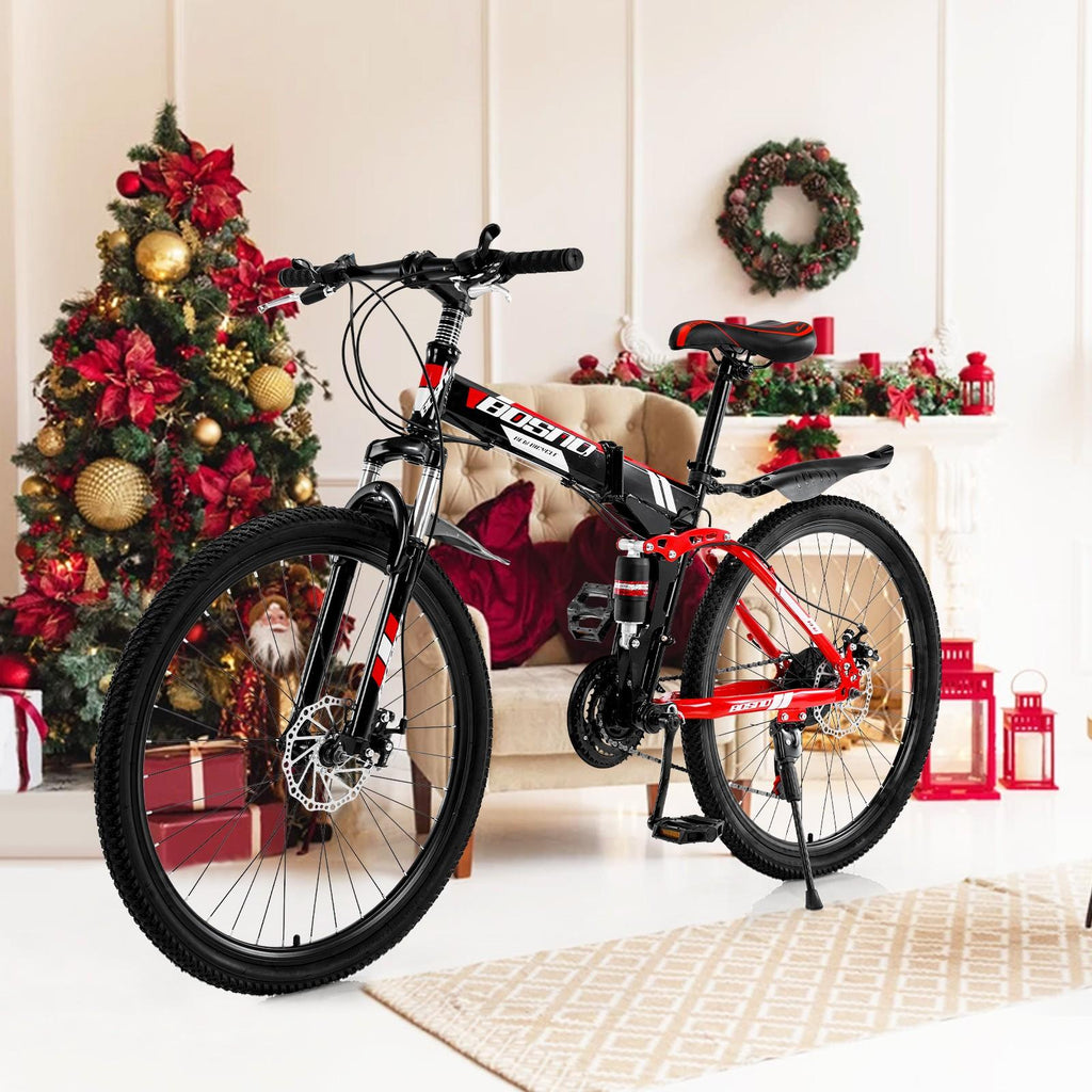 HTNBO 26 Inch Full Suspension Mountain Bike 21 Speed Folding Bike Non-Slip Red Bicyle