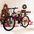 HTNBO 26 Inch Full Suspension Mountain Bike 21 Speed Folding Bike Non-Slip Red Bicyle