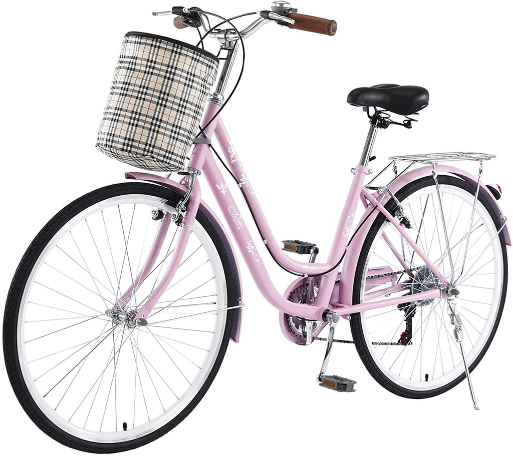 Yacolife 26'' Women Comfort Bikes, Comfortable Commuter Bicycle with Basket and Back Seat, Beach Cruiser Bike for Picnic, Shopping, Pink