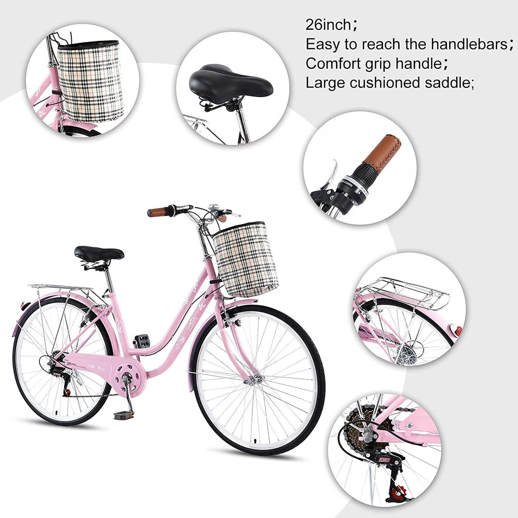 Yacolife 26'' Women Comfort Bikes, Comfortable Commuter Bicycle with Basket and Back Seat, Beach Cruiser Bike for Picnic, Shopping, Pink