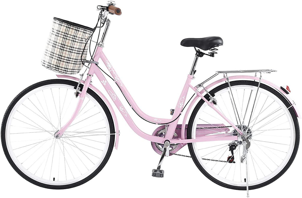 Yacolife 26'' Women Comfort Bikes, Comfortable Commuter Bicycle with Basket and Back Seat, Beach Cruiser Bike for Picnic, Shopping, Pink