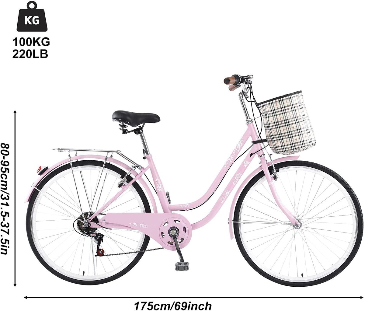 Yacolife 26'' Women Comfort Bikes, Comfortable Commuter Bicycle with Basket and Back Seat, Beach Cruiser Bike for Picnic, Shopping, Pink