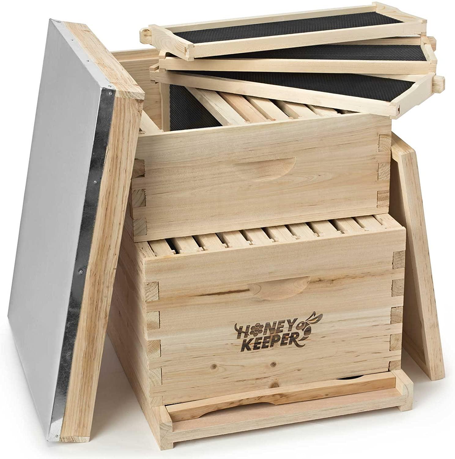 honey keeper beehive 20 frame complete box kit (10 deep and 10 medium) with metal roof for langstroth beekeeping