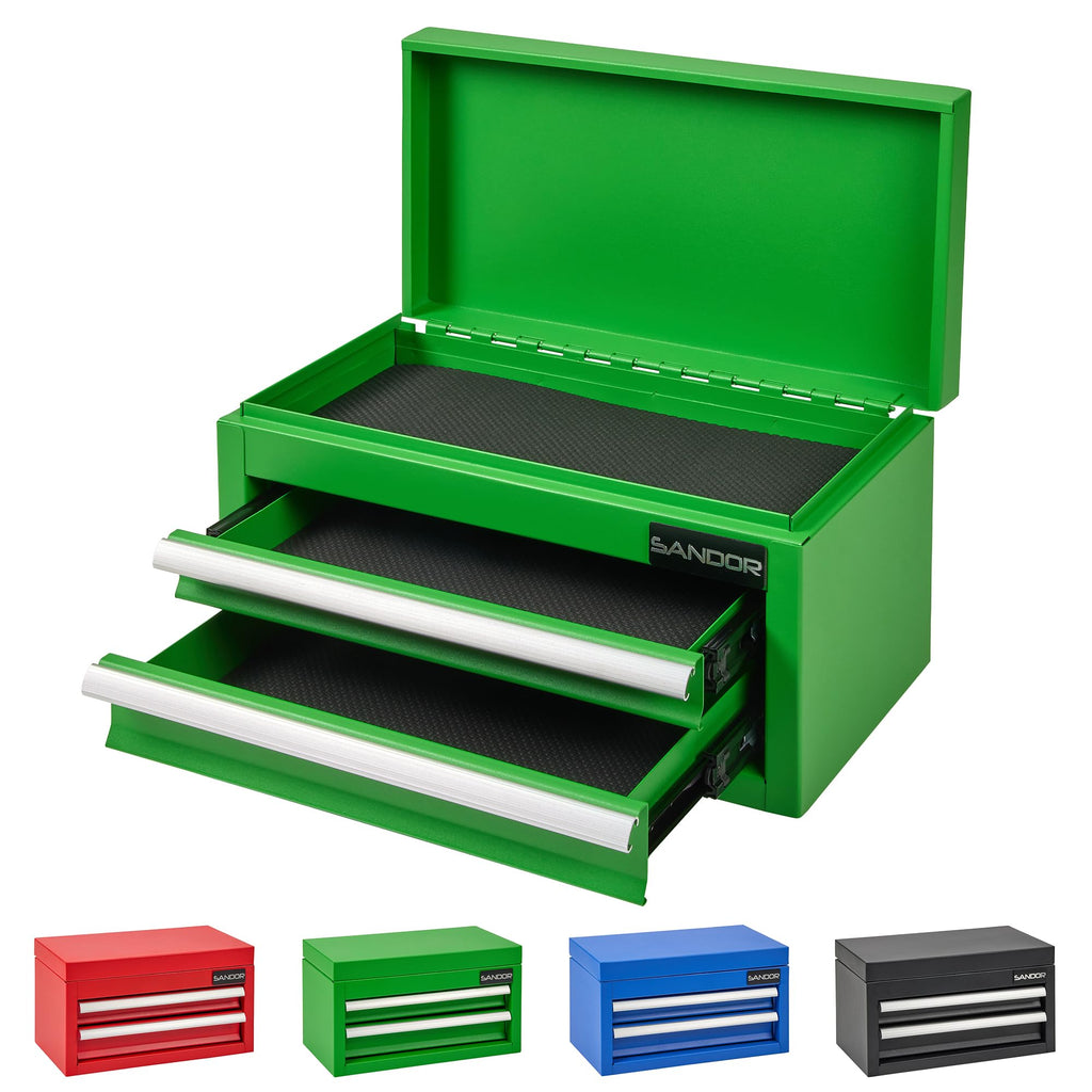 Mini Tool Box - Metal Tool Chest with 2 Drawers & PVC Drawer Liners for Workbench or Desk, Powder-Coated Steel Small Toolbox - Multi-Purpose Storafor Machinists Tools, DIY, 3D Printer Parts - Green