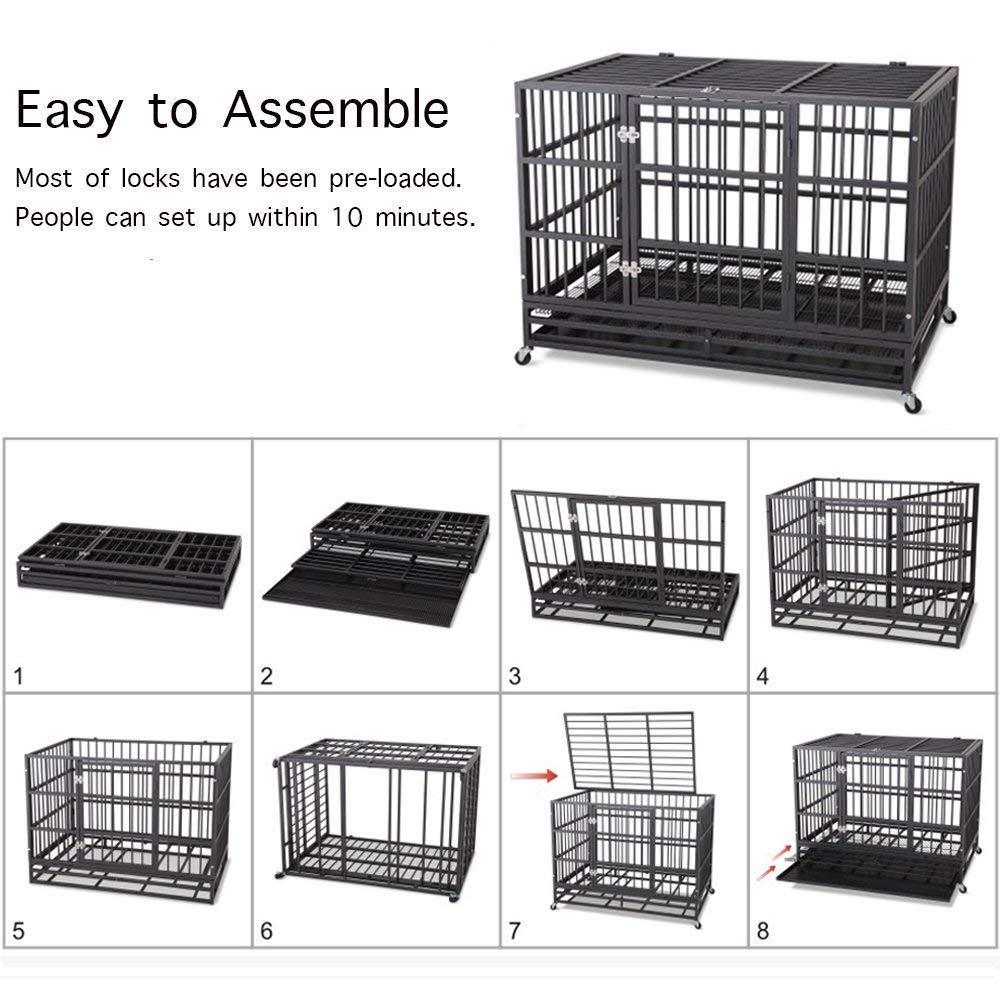 JY QAQA PET Heavy Duty Dog CaStrong Folding Metal Crate Kennel for Medium and LarDogs with Double Door, Two Prevent Escape Lock, Tray and Rolling Wheels (36 38'' 42 48")