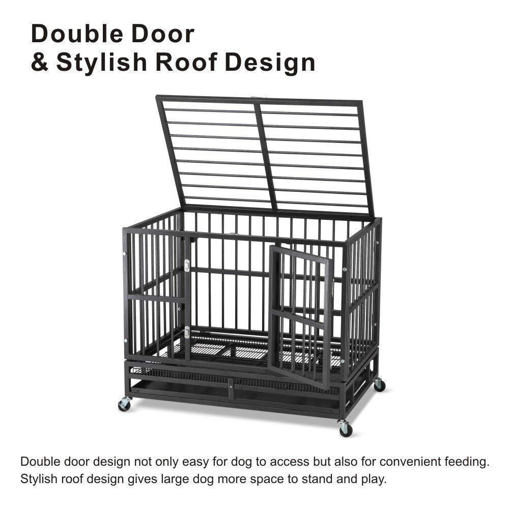 JY QAQA PET Heavy Duty Dog CaStrong Folding Metal Crate Kennel for Medium and LarDogs with Double Door, Two Prevent Escape Lock, Tray and Rolling Wheels (36 38'' 42 48")