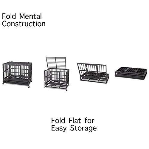 JY QAQA PET Heavy Duty Dog CaStrong Folding Metal Crate Kennel for Medium and LarDogs with Double Door, Two Prevent Escape Lock, Tray and Rolling Wheels (36 38'' 42 48")