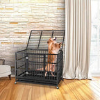 JY QAQA PET Heavy Duty Dog CaStrong Folding Metal Crate Kennel for Medium and LarDogs with Double Door, Two Prevent Escape Lock, Tray and Rolling Wheels (36 38'' 42 48")