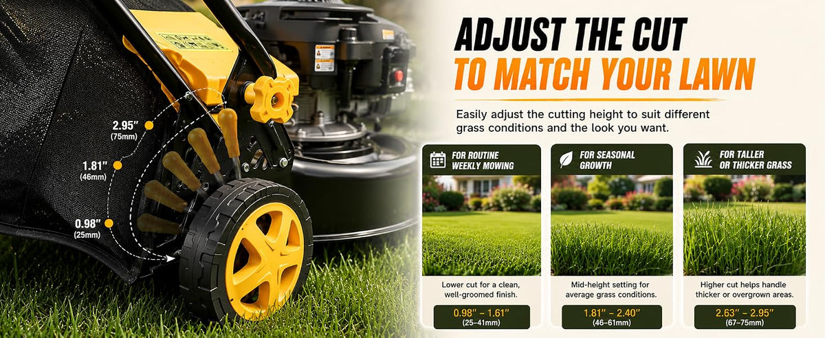 132CC Gas Lawn Mower 16-Inch with 45L Grass Bag and Height Adjustment | 4-stroke engine, 16-inch cutting width, 45L grass bag, 8-position height adjustment for small to medium yards