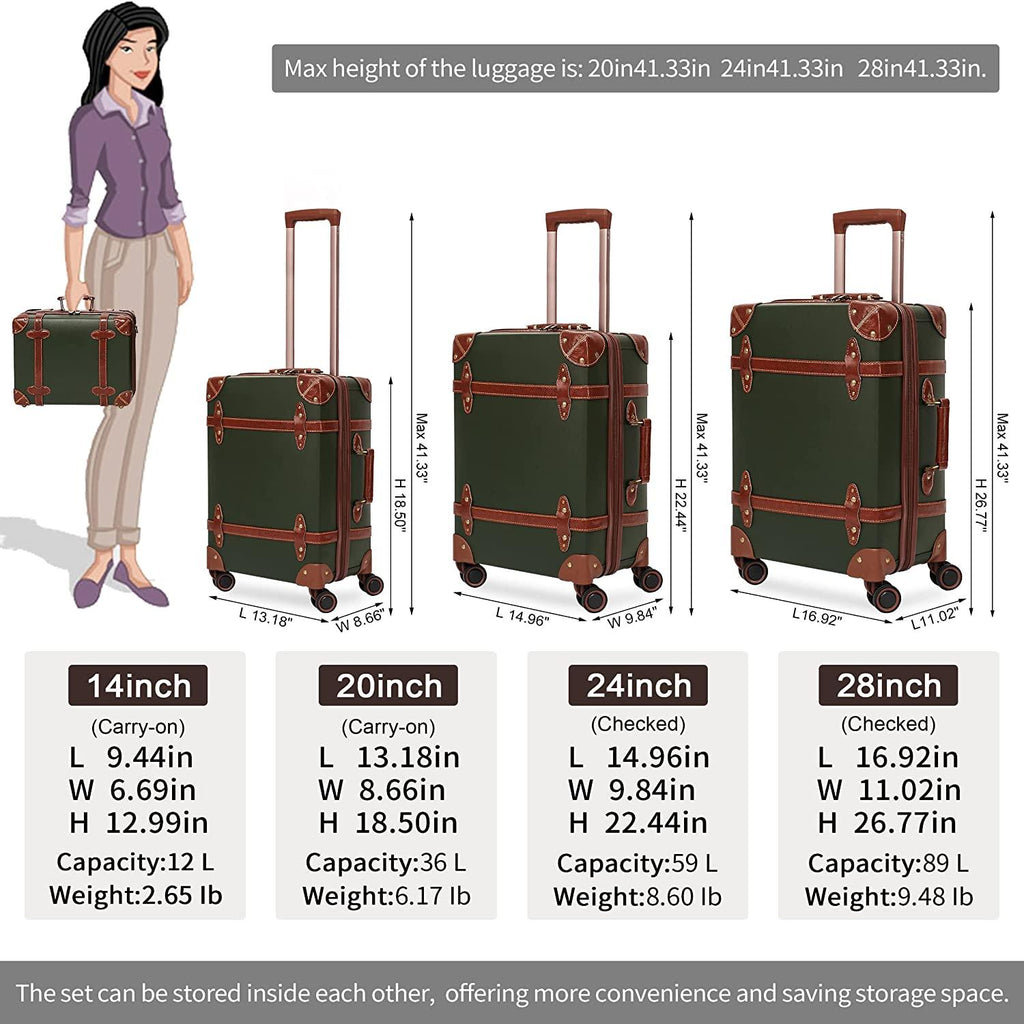 Luggage Sets of 4 Pieces, Carry On Cute Suitcase with Rolling Spinner Wheels TSA Lock Luggage 14"+20"+24"+28" (Dark Green)