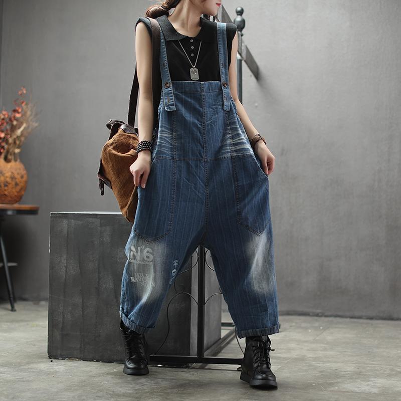 Retro Denim Bib Female Casual Striped Long Jumpsuits