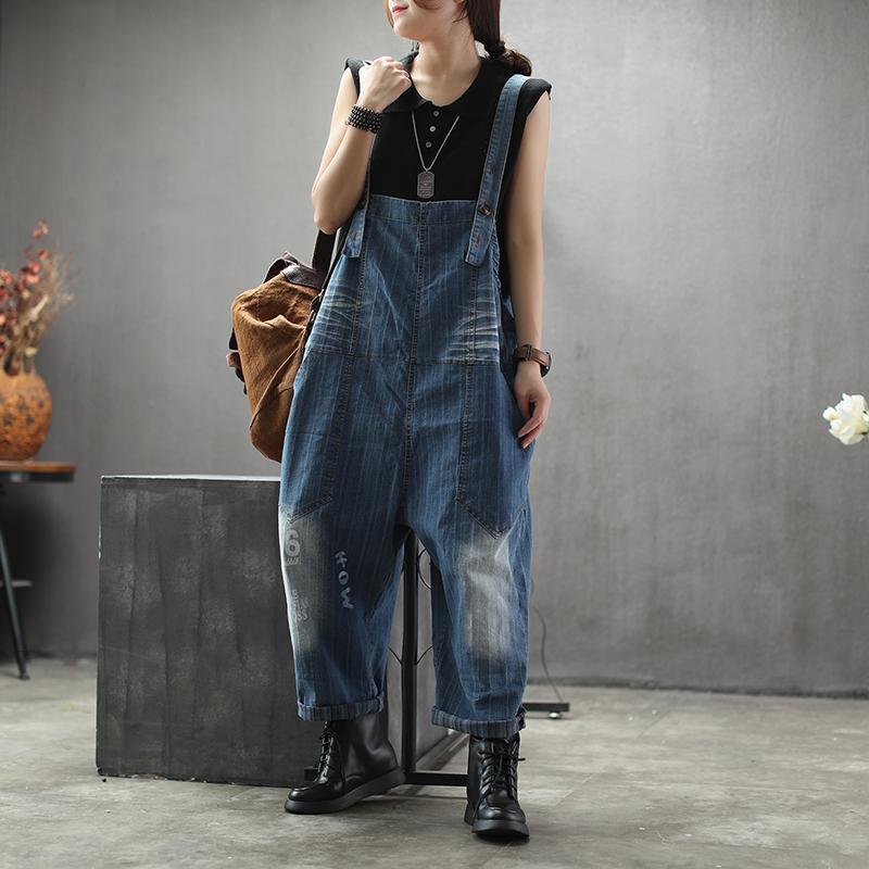 Retro Denim Bib Female Casual Striped Long Jumpsuits