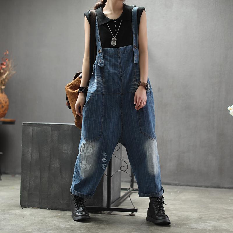 Retro Denim Bib Female Casual Striped Long Jumpsuits