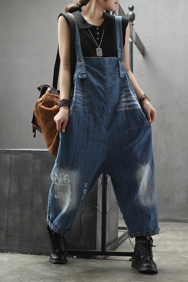 Retro Denim Bib Female Casual Striped Long Jumpsuits