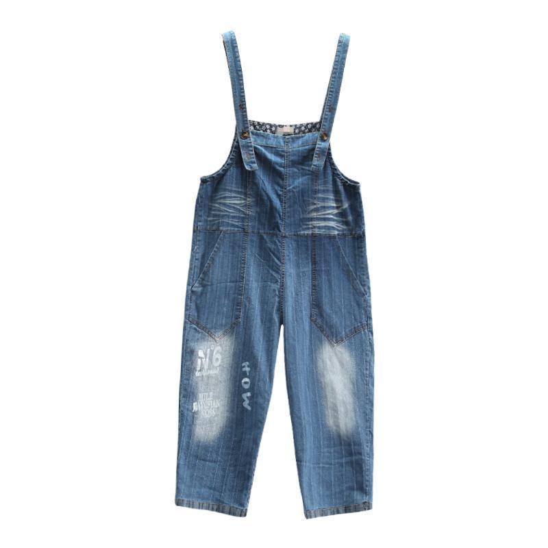Retro Denim Bib Female Casual Striped Long Jumpsuits