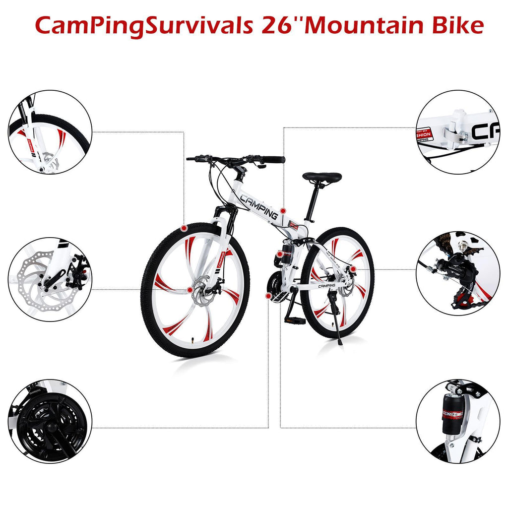 Campingsurvivals Folding Mountain Bike, with 21-Speed &amp; 26" Wheels, White