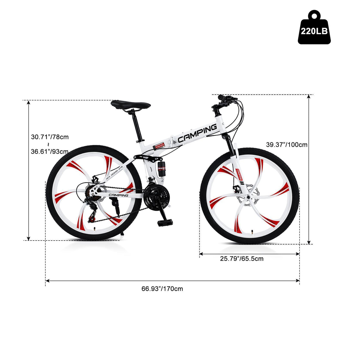 Campingsurvivals 26" Folding Mountain Bike, for Men and Women, White