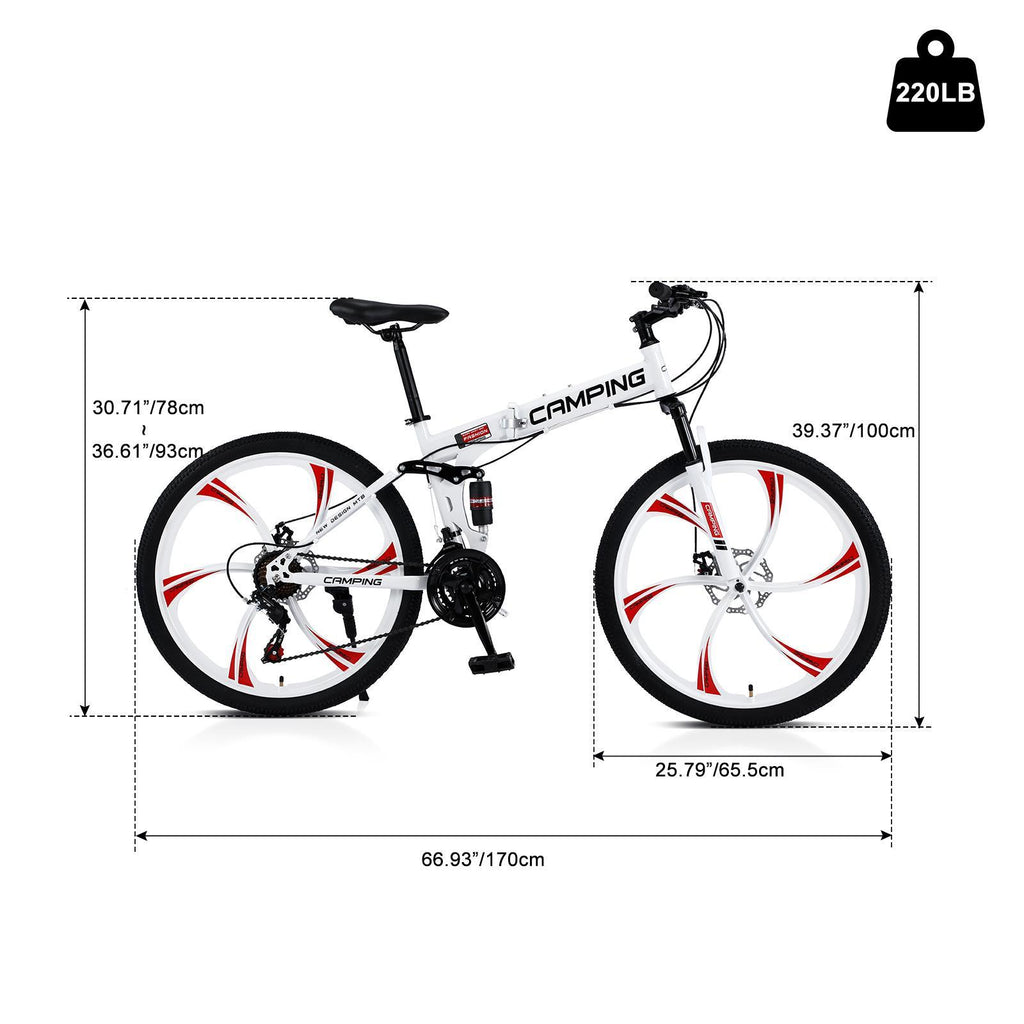 Campingsurvivals Folding Mountain Bike, 21 Speed Steel Adult Bicycle, with 26" Wheel, White