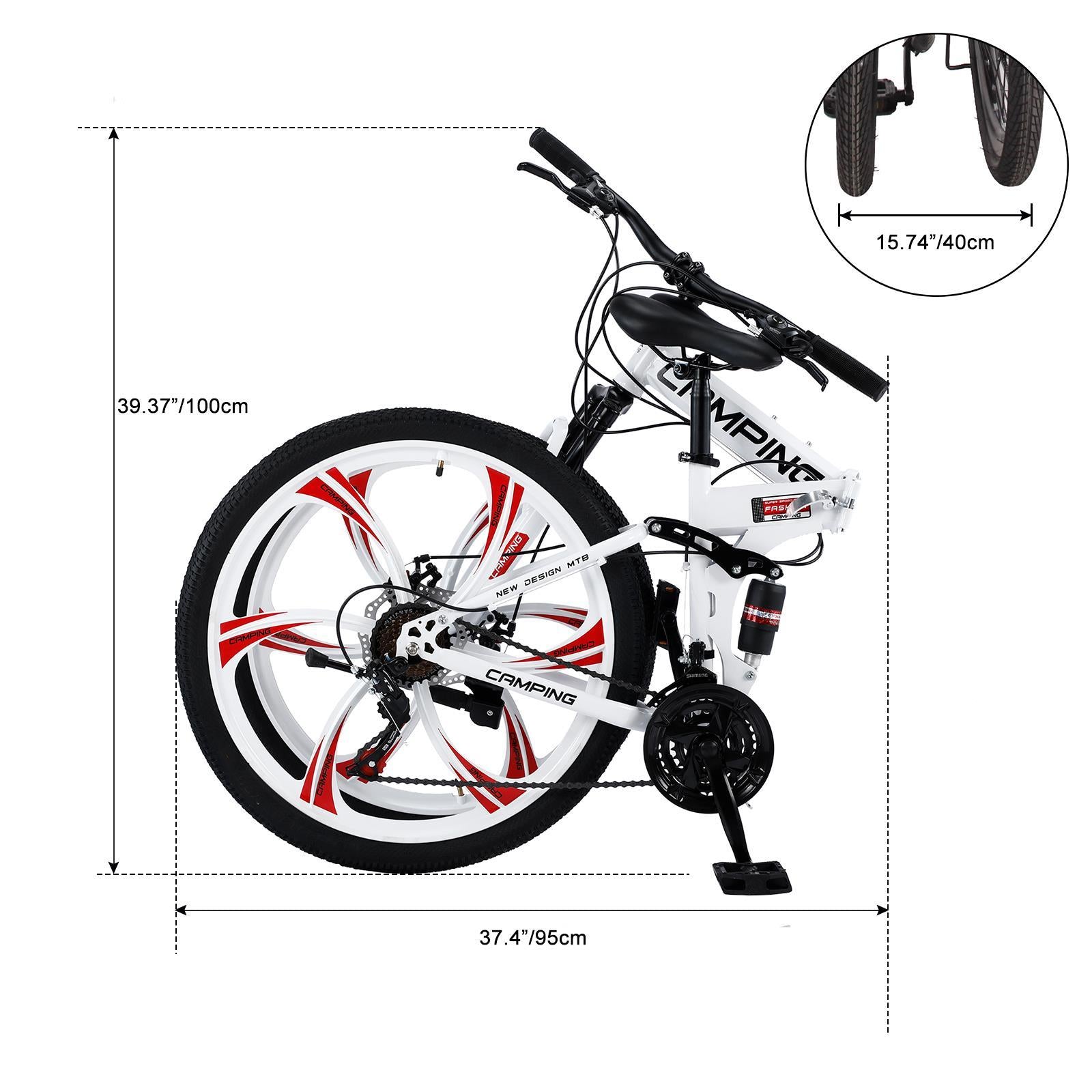 Campingsurvivals Folding Mountain Bike, with 21-Speed &amp; 26" Wheels, White