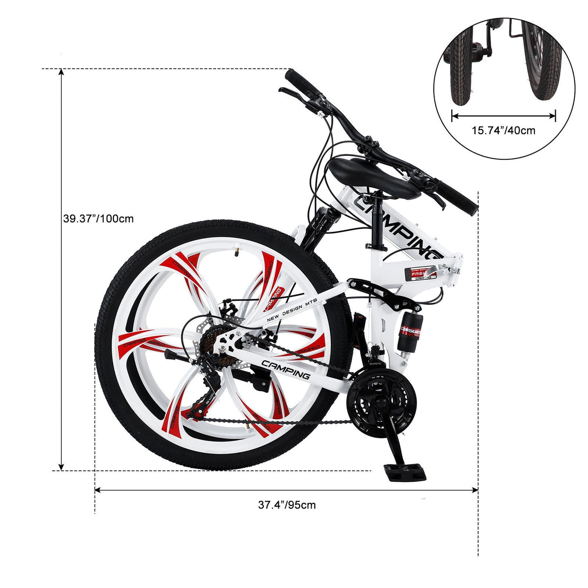Campingsurvivals Folding Mountain Bike, 21 Speed Steel Adult Bicycle, with 26" Wheel, White