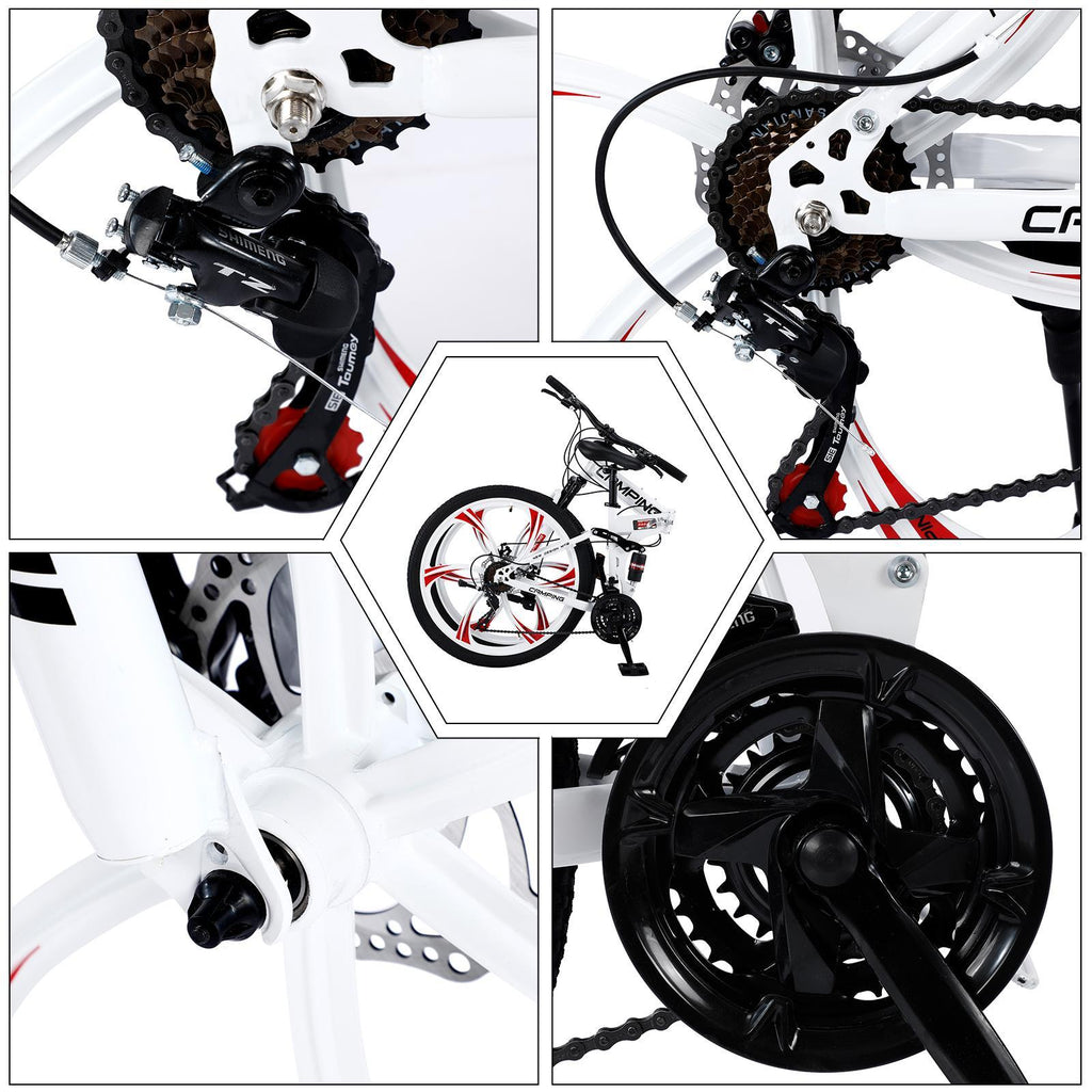 Campingsurvivals Folding Mountain Bike, 21 Speed Steel Adult Bicycle, with 26" Wheel, White