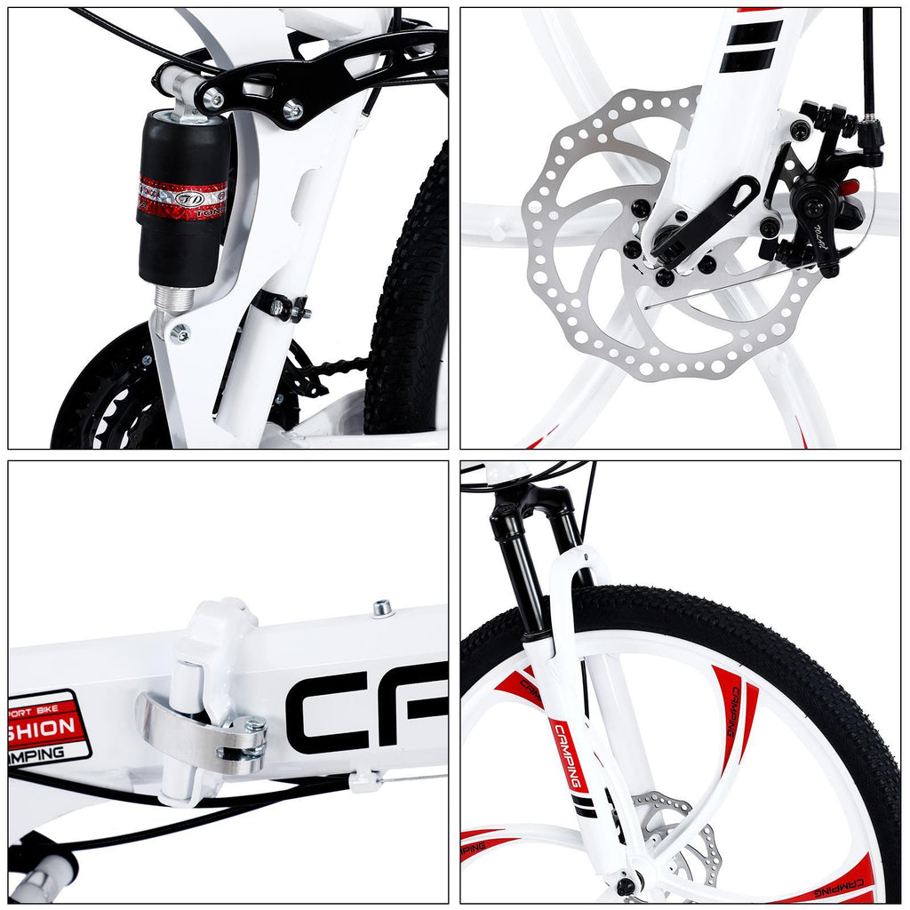 Campingsurvivals Folding Mountain Bike, with 21-Speed &amp; 26" Wheels, White