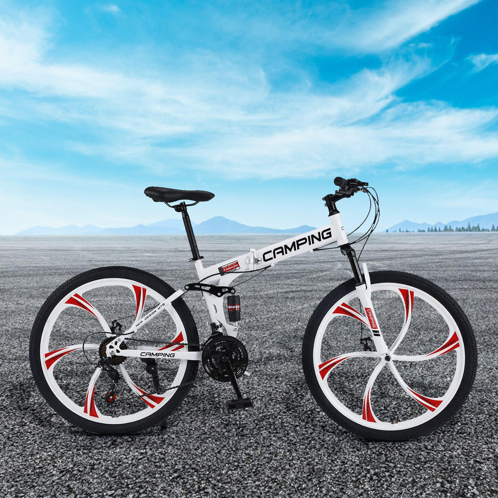 Campingsurvivals Folding Mountain Bike, with 21-Speed &amp; 26" Wheels, White