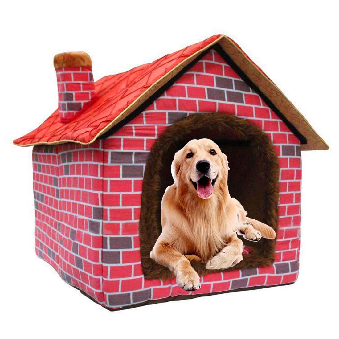 Hanshu Warm Indoor Soft Kennel Pet LarDog House Doggy Beds with Mat, Red